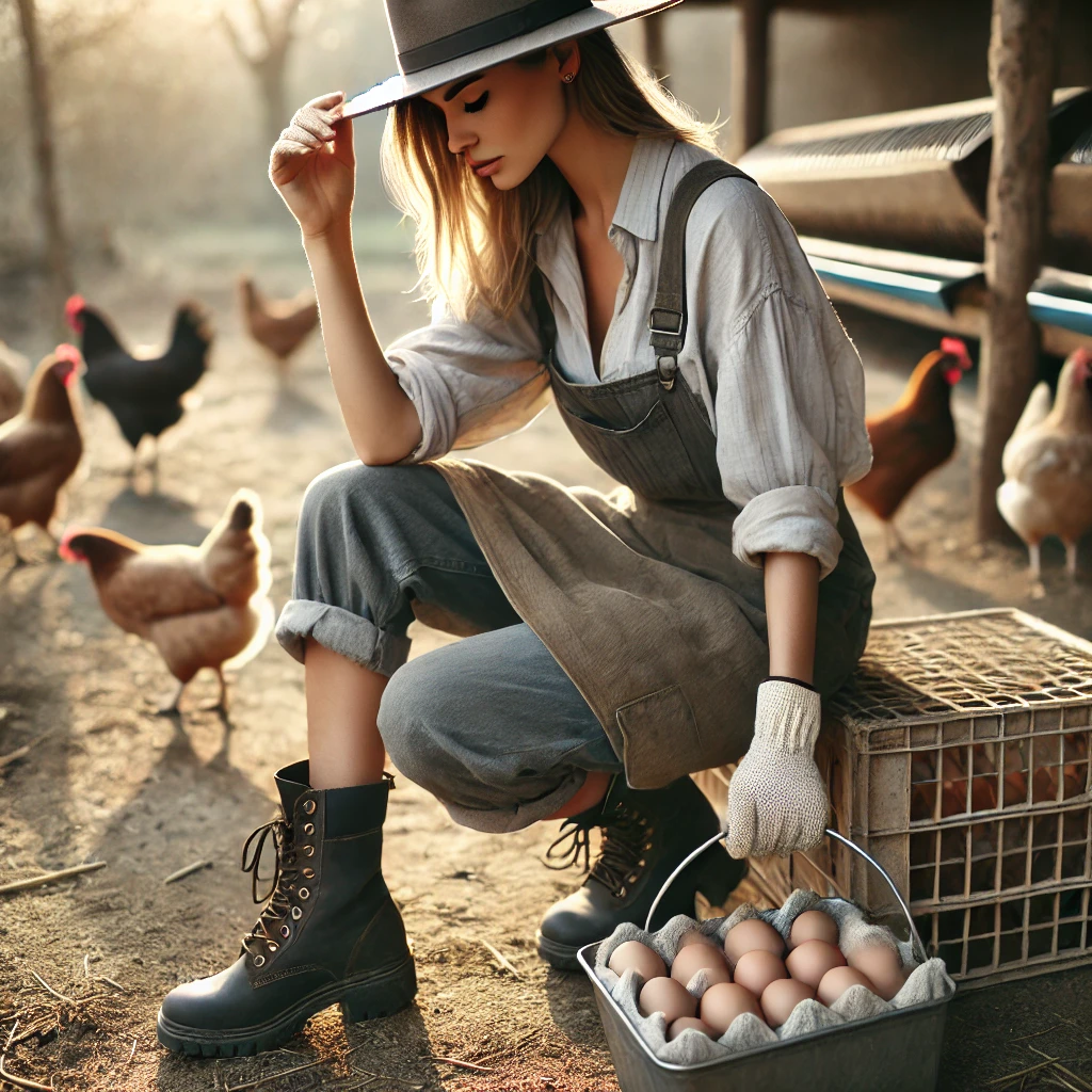 Dall·e 2024 10 31 11.18.07 A Photo Of A Female Farmer Collecting Eggs On A Farm. She Is Dressed In Sturdy Boots Practical Trousers And A Long Sleeved Shirt For Work. She Wears